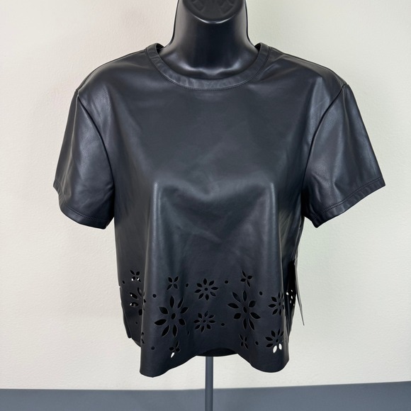 Bagatelle Collection Tops - Bagatelle Collection Top Womens XS Black Faux Leather Laser Cut Floral Eyelet
